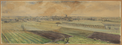 219012 Overzicht van de stad Utrecht vanaf de gashouder van de P.E.G.U.S. in de polder Lage Weide, uit het westen.